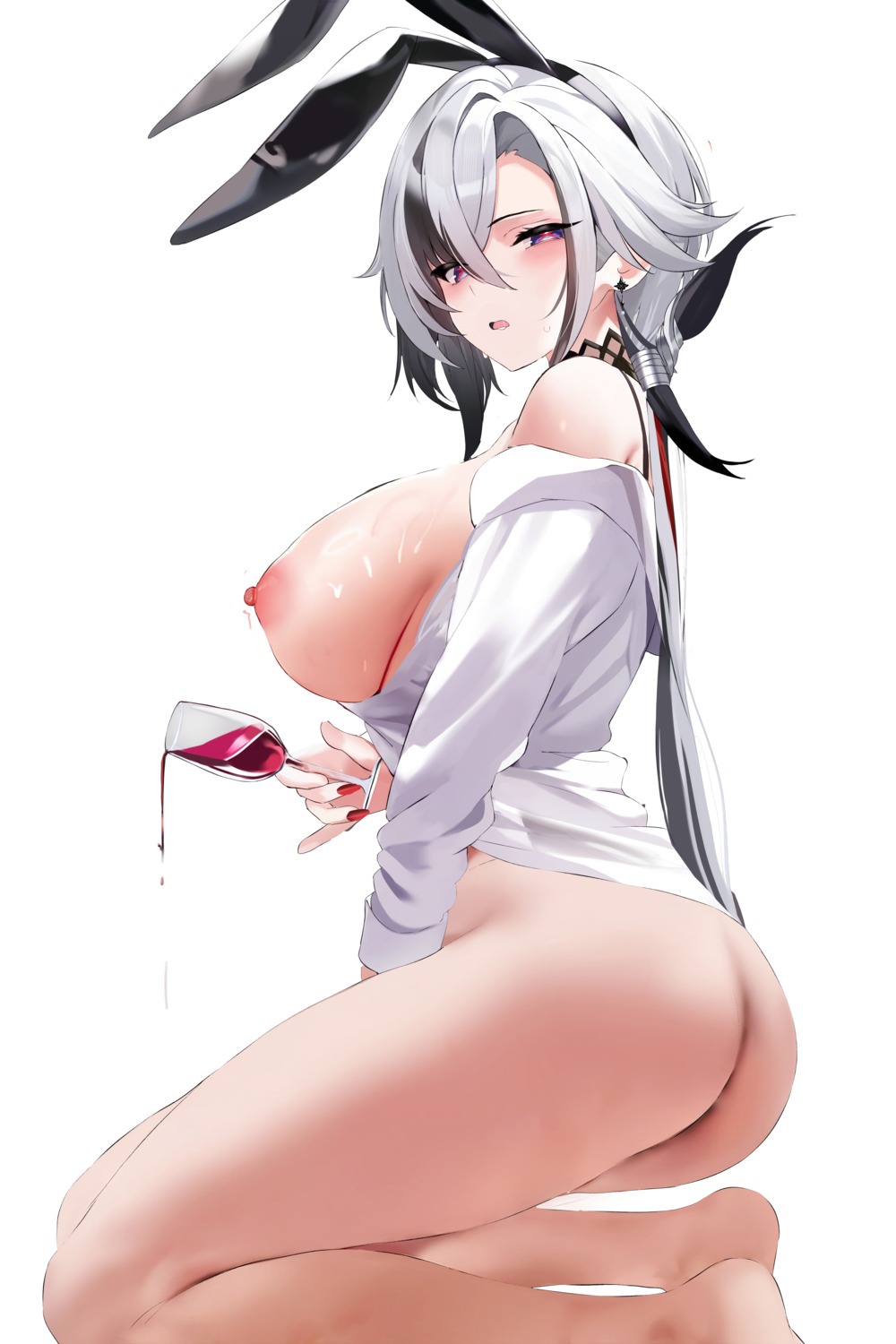 animal_ears anus arlecchino ass bottomless breasts bunny_ears dress_shirt fantongjun genshin_impact nipples no_bra open_shirt wet