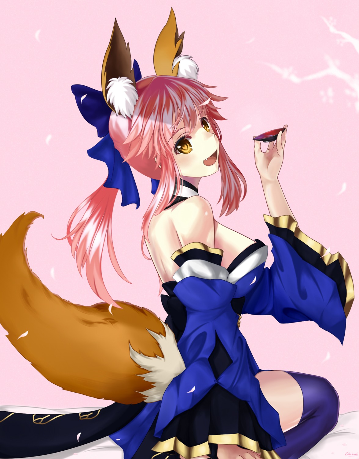 animal_ears convoyke fate/extra fate/grand_order fate/stay_night japanese_clothes kitsune open_shirt sake tail tamamo_no_mae thighhighs