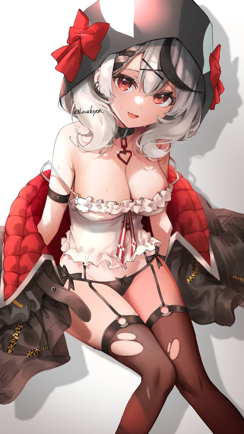 hololive no_bra pantsu sakamata_chloe stockings thighhighs torn_clothes wakashisumi