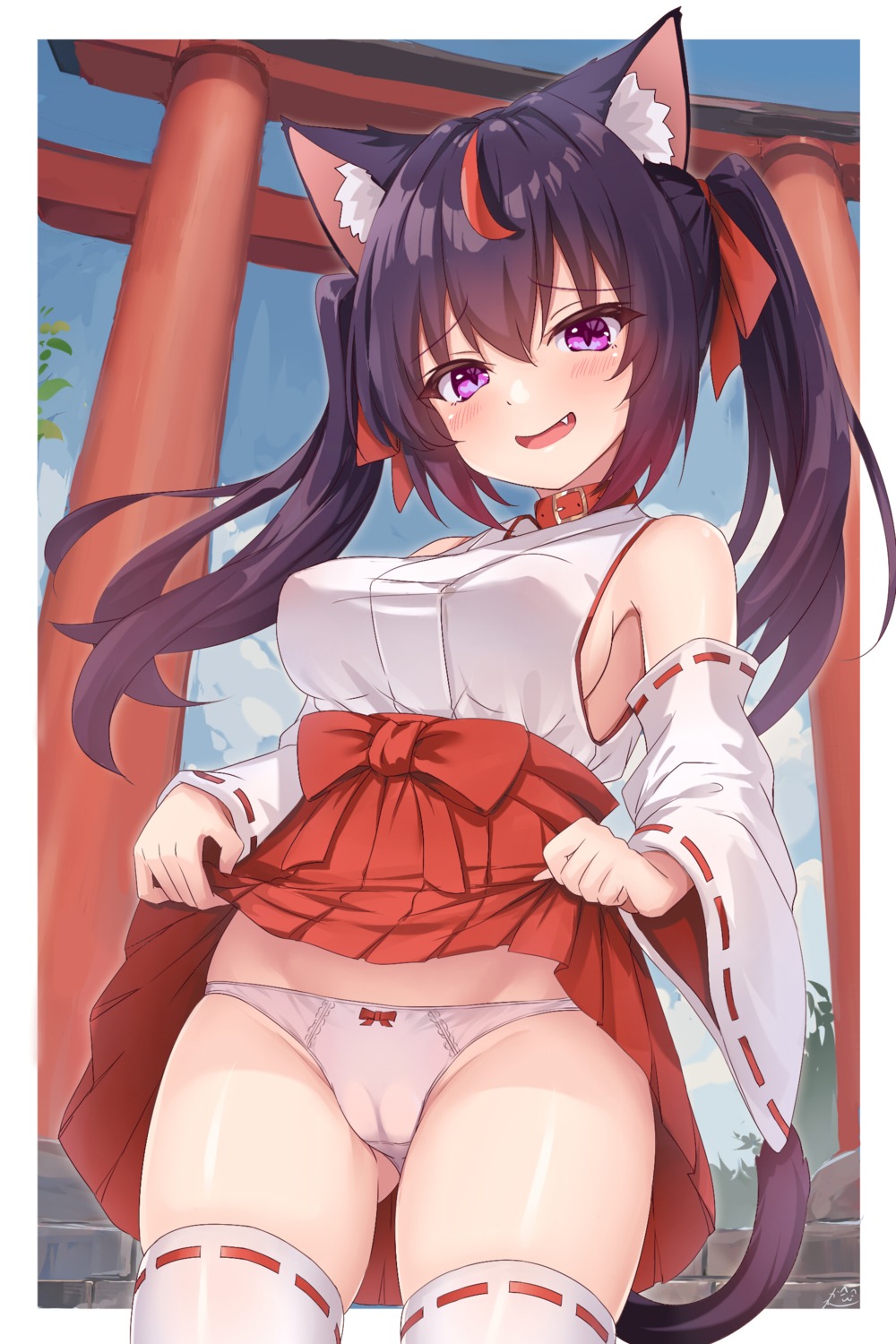 animal_ears cameltoe kazuneko miko pantsu skirt_lift tail thighhighs