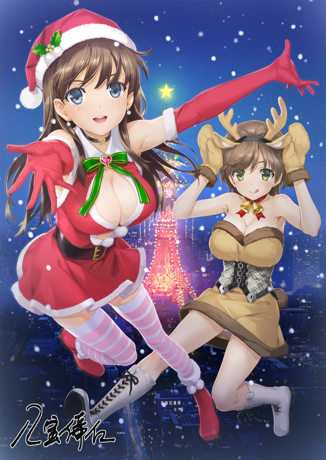 animal_ears christmas dress happoubi_jin honma_natsume horns iseshima_aya no_bra open_shirt pantsu skirt_lift tail thighhighs zettai_shougeki_platonic_heart