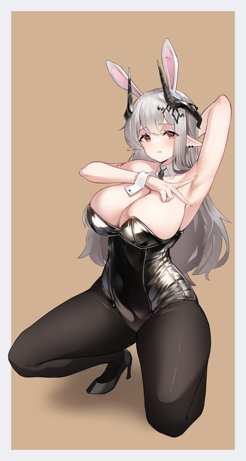 animal_ears arknights bunny_ears bunny_girl coke0502 heels horns mudrock_(arknights) no_bra pantyhose pointy_ears