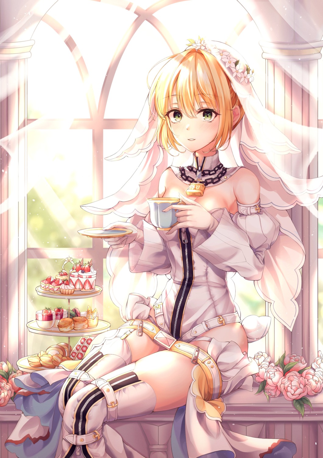 fate/grand_order no_bra pippin_sol saber_bride saber_extra stockings thighhighs