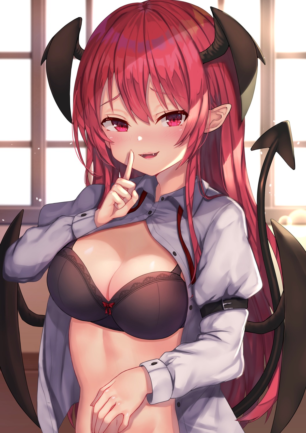 bra cleavage dress_shirt koakuma open_shirt pointy_ears tail touhou wings wowoguni