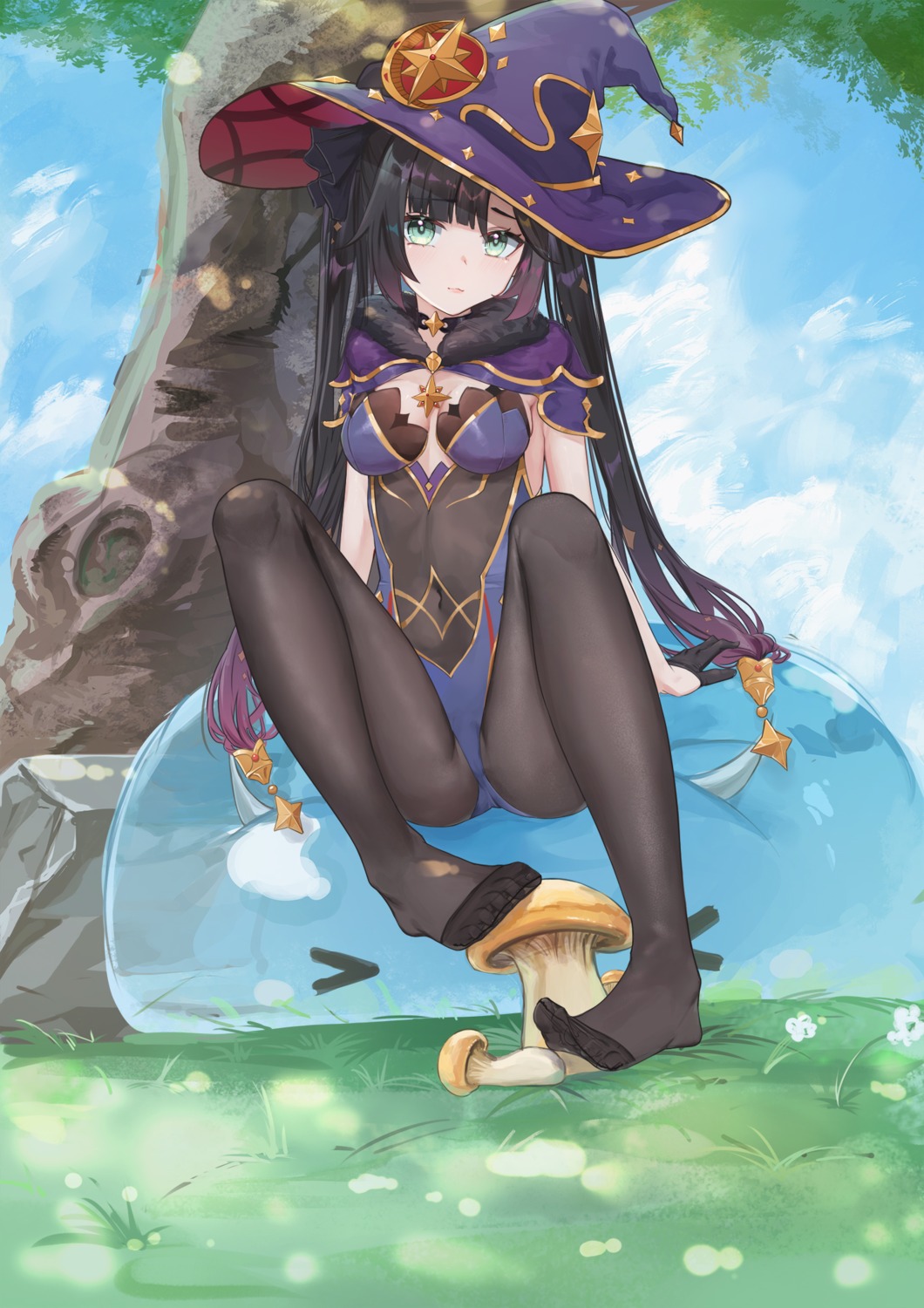 cameltoe feet genshin_impact leotard lim_(ramu) mona_megistus no_bra pantyhose witch