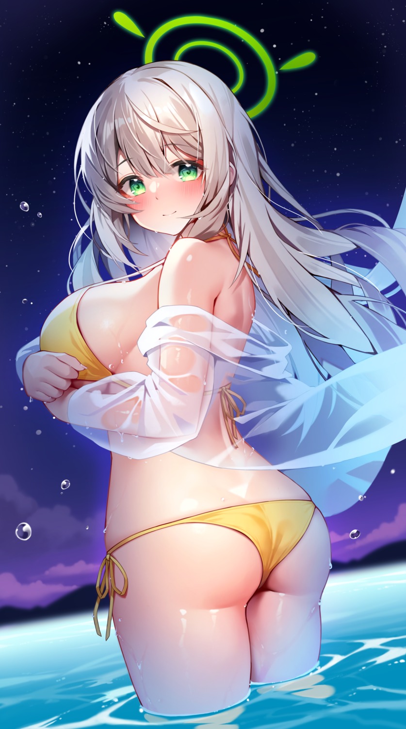 ass bikini blue_archive breast_hold halo izayoi_nonomi open_shirt pinki_o64 see_through swimsuits thong wet