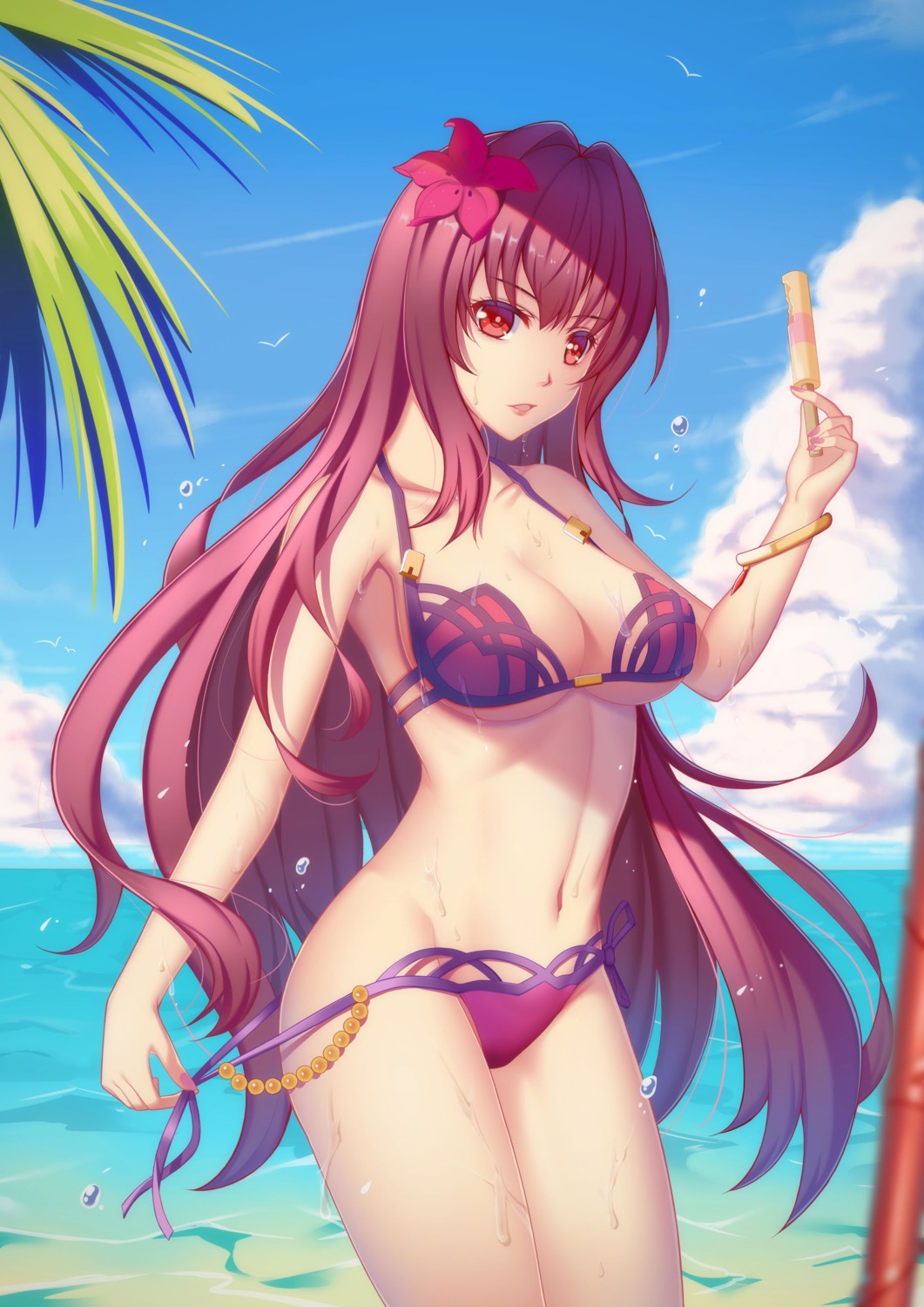 aira5 bikini cleavage fate/grand_order panty_pull scathach_(fate/grand_order) swimsuits underboob undressing wet