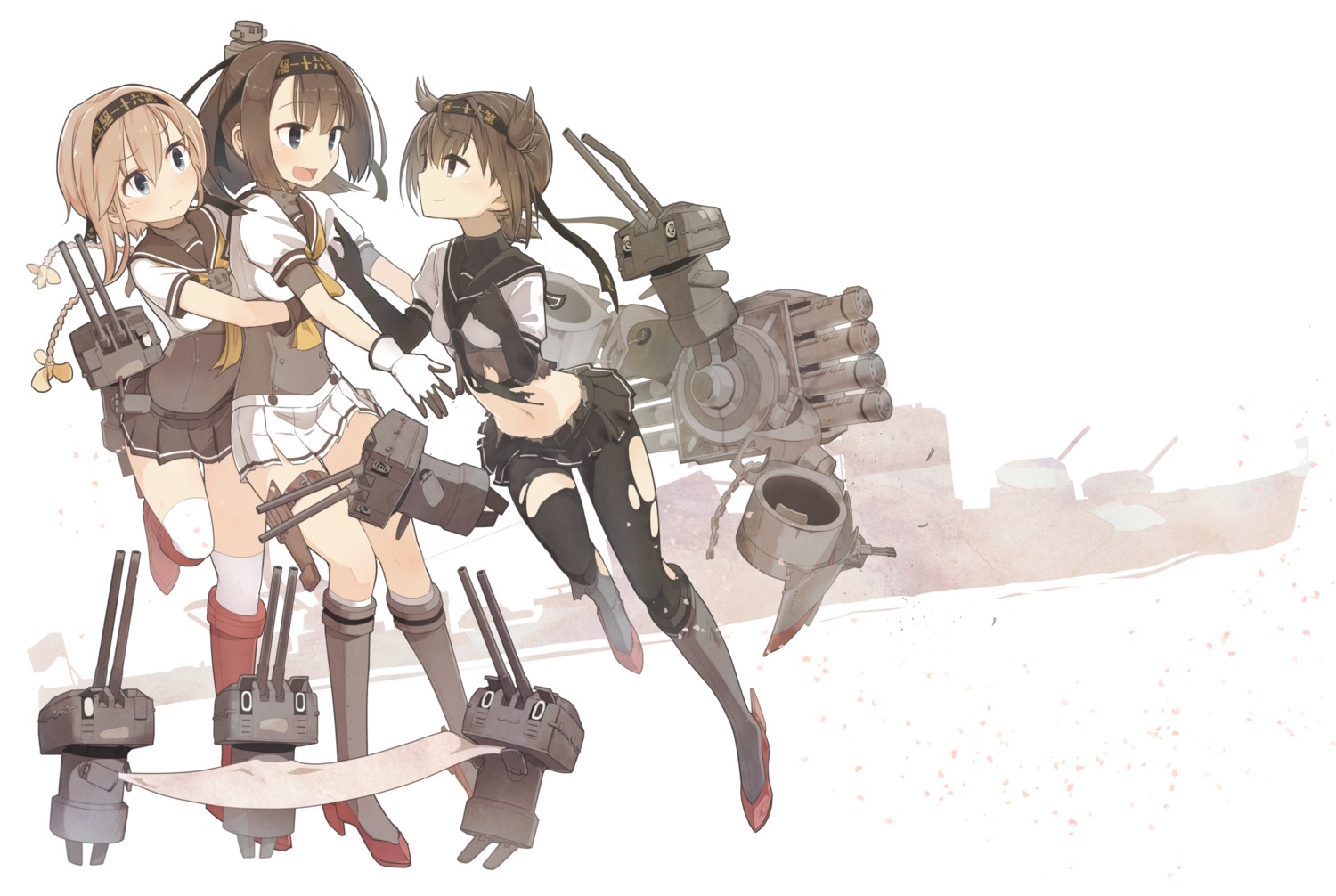 akizuki_(kancolle) hatsuzuki_(kancolle) heels kantai_collection pantyhose seifuku teruzuki_(kancolle) thighhighs torn_clothes yopan_danshaku