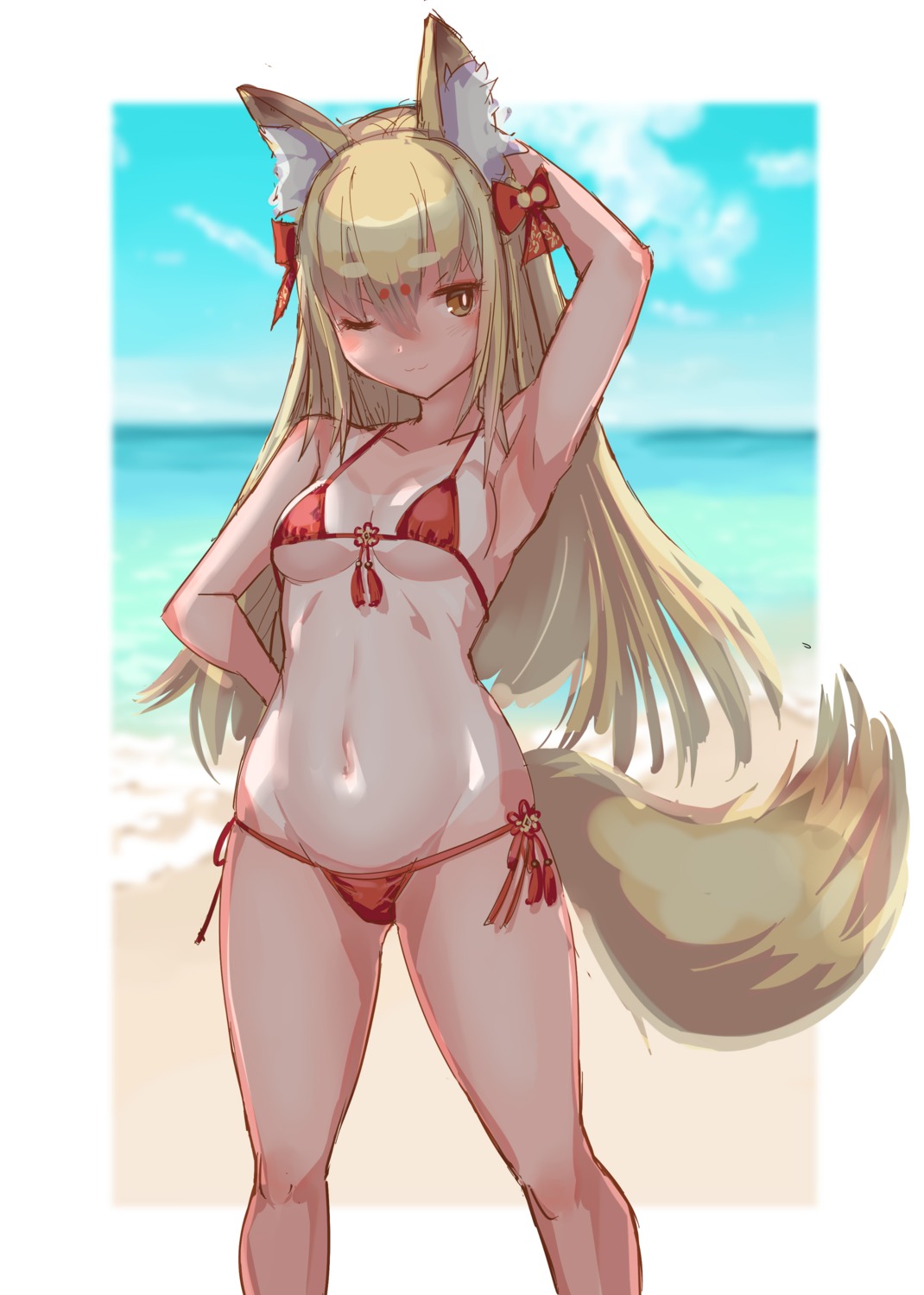 animal_ears bikini kitsune serizawa_(knight2020) swimsuits tail tan_lines