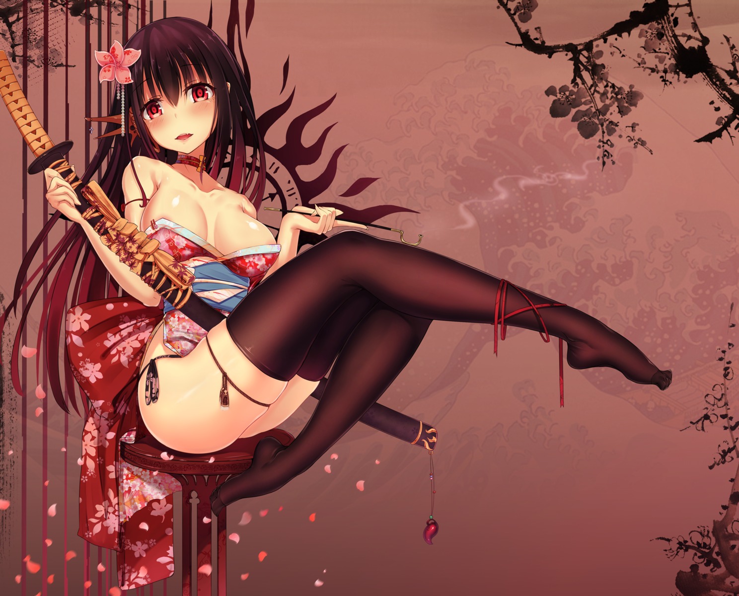 areola cleavage dk_senie garter japanese_clothes no_bra pantsu smoking string_panties sword thighhighs