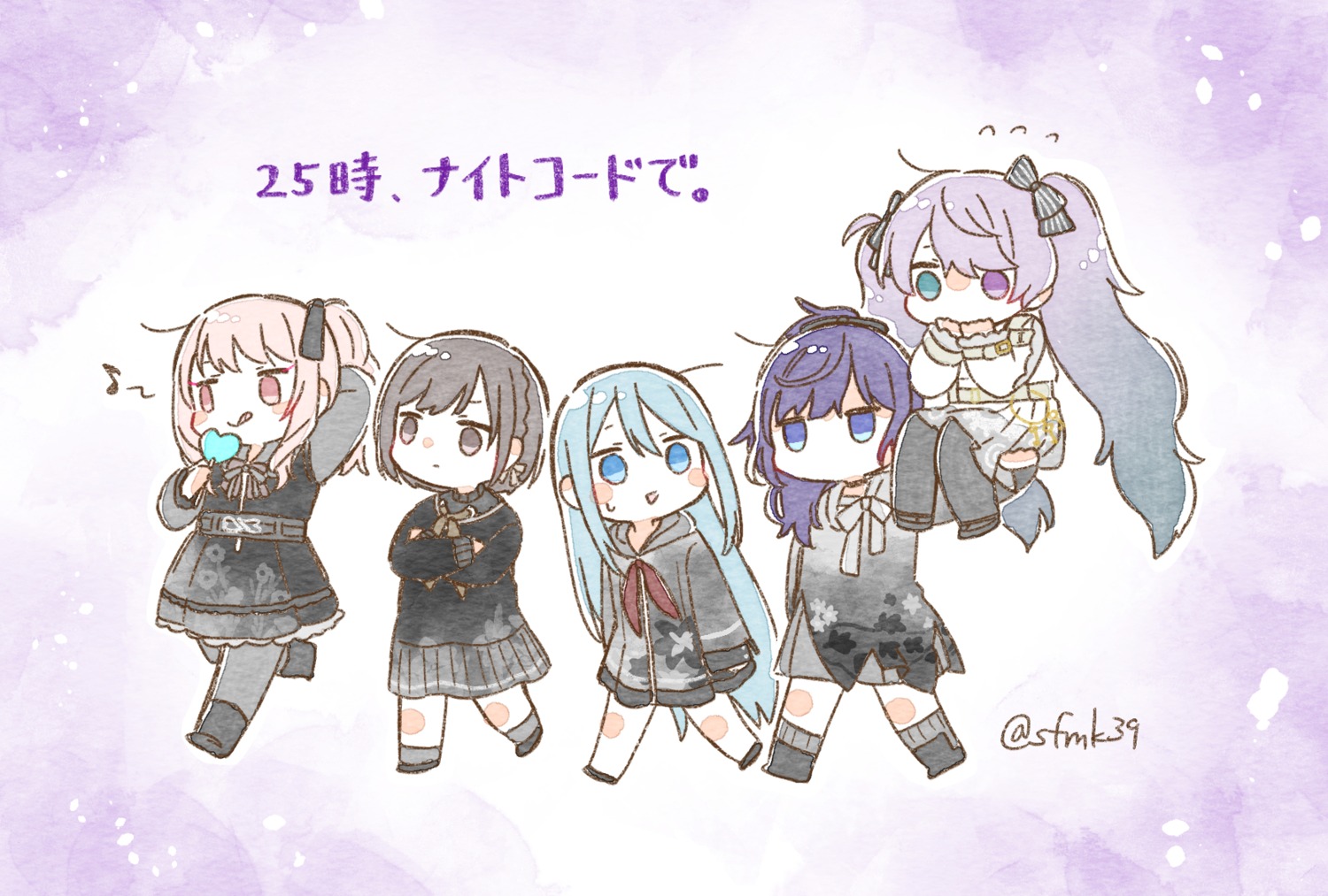 akiyama_mizuki asahina_mafuyu chibi hatsune_miku heterochromia pantyhose project_sekai sa-fu seifuku shinonome_ena uniform vocaloid yoisaki_kanade