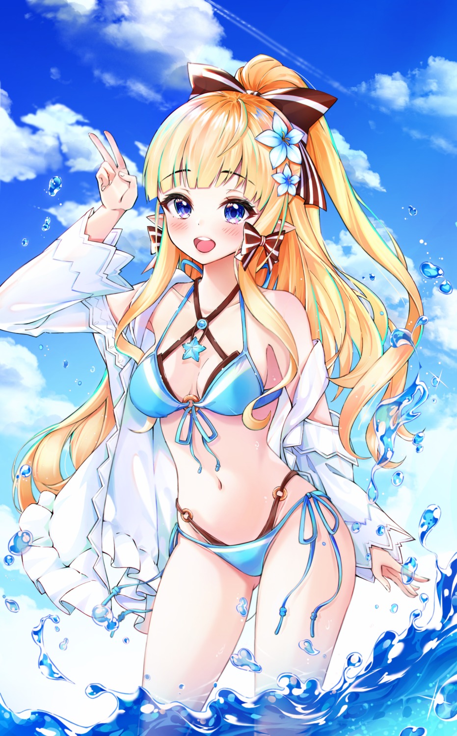 bikini cleavage lebring open_shirt princess_connect! princess_connect!_re:dive sasaki_saren swimsuits wet