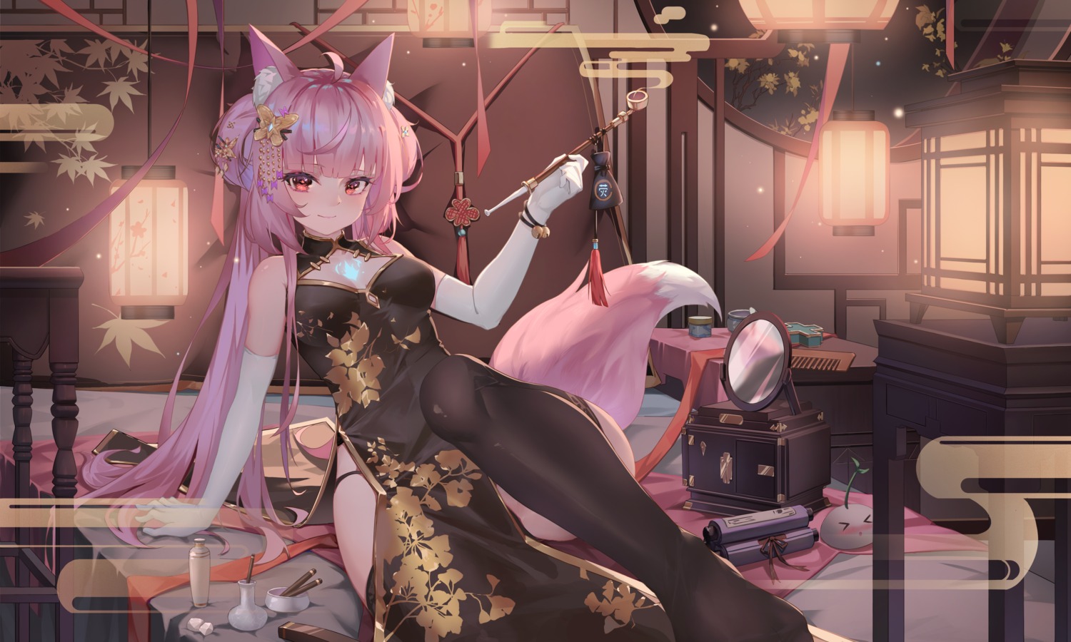 animal_ears chinadress kitsune pantsu tail tattoo ten-u thighhighs