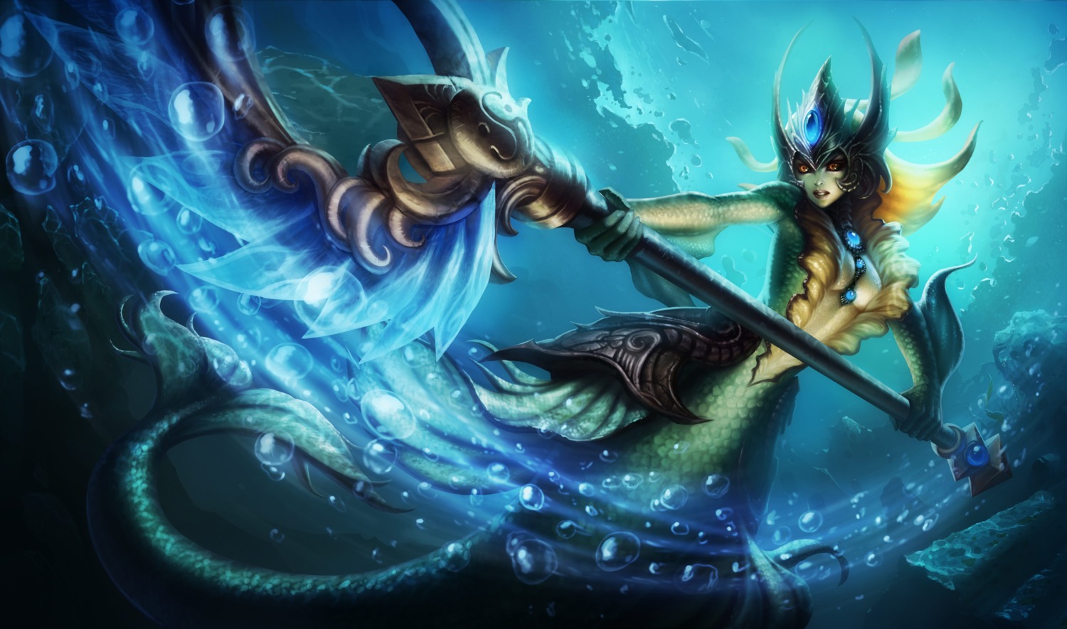 armor league_of_legends mermaid monster_girl nami_(league_of_legends) no_bra tagme tail weapon