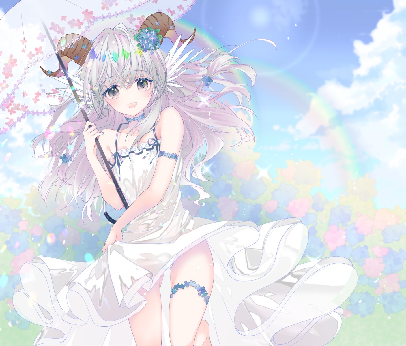 dress garter horns konataeru pantsu see_through skirt_lift summer_dress umbrella