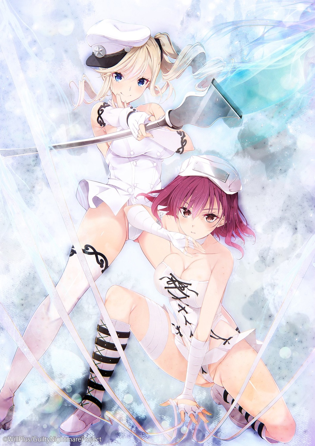 akatsuki_hijiri bandages guilty_nightmare_project leotard no_bra noba skirt_lift thighhighs weapon