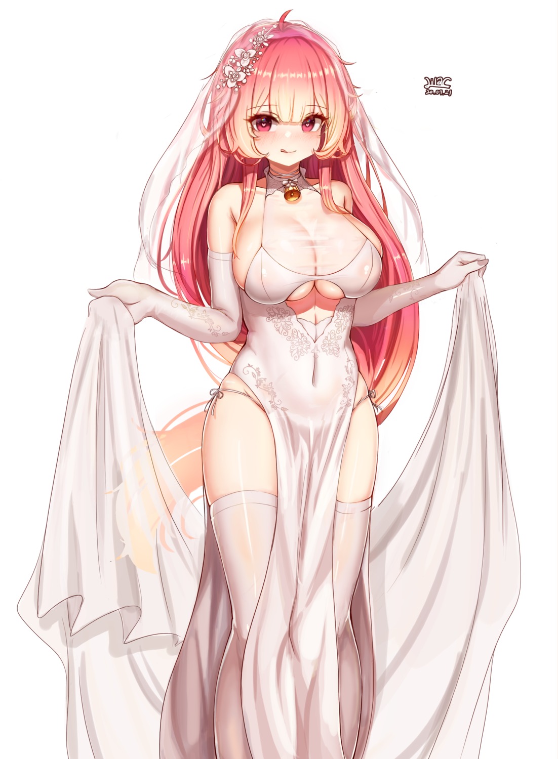 areola dress lilac_(k32420276) no_bra pantsu see_through soul_worker string_panties thighhighs wedding_dress