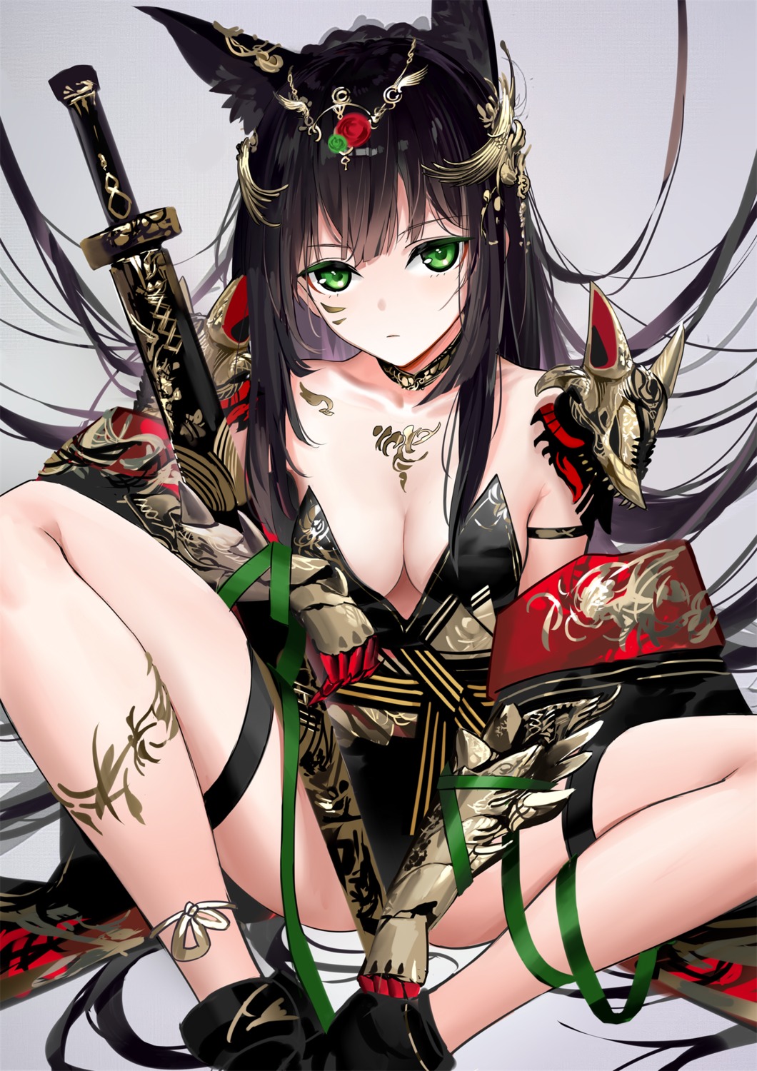 animal_ears armor garter japanese_clothes no_bra skirt_lift tameiki tattoo