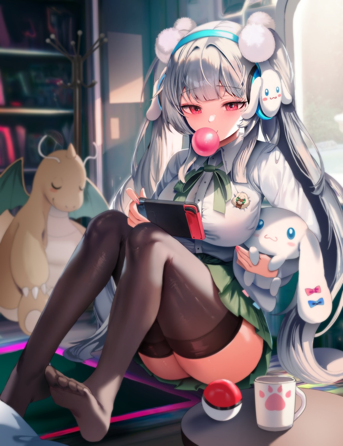 cinnamoroll dragonite headphones pokemon sanrio seifuku skirt_lift thighhighs whimsicott zerocat