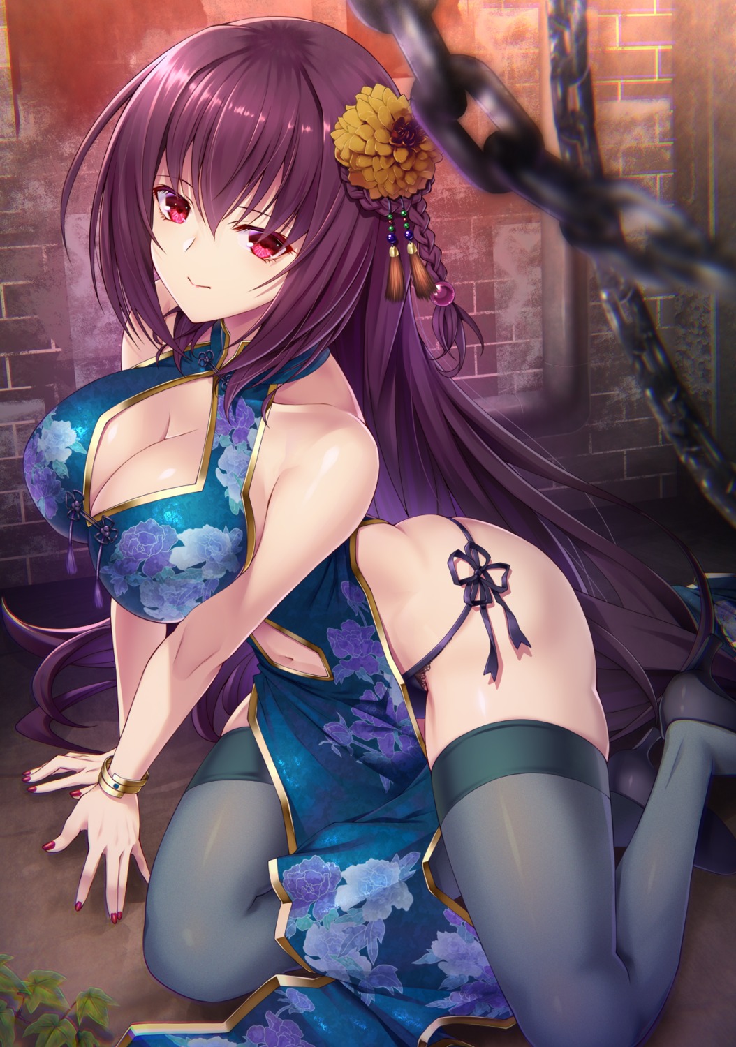 chinadress cleavage emanon_123 fate/grand_order pantsu scathach_(fate/grand_order) skirt_lift string_panties thighhighs
