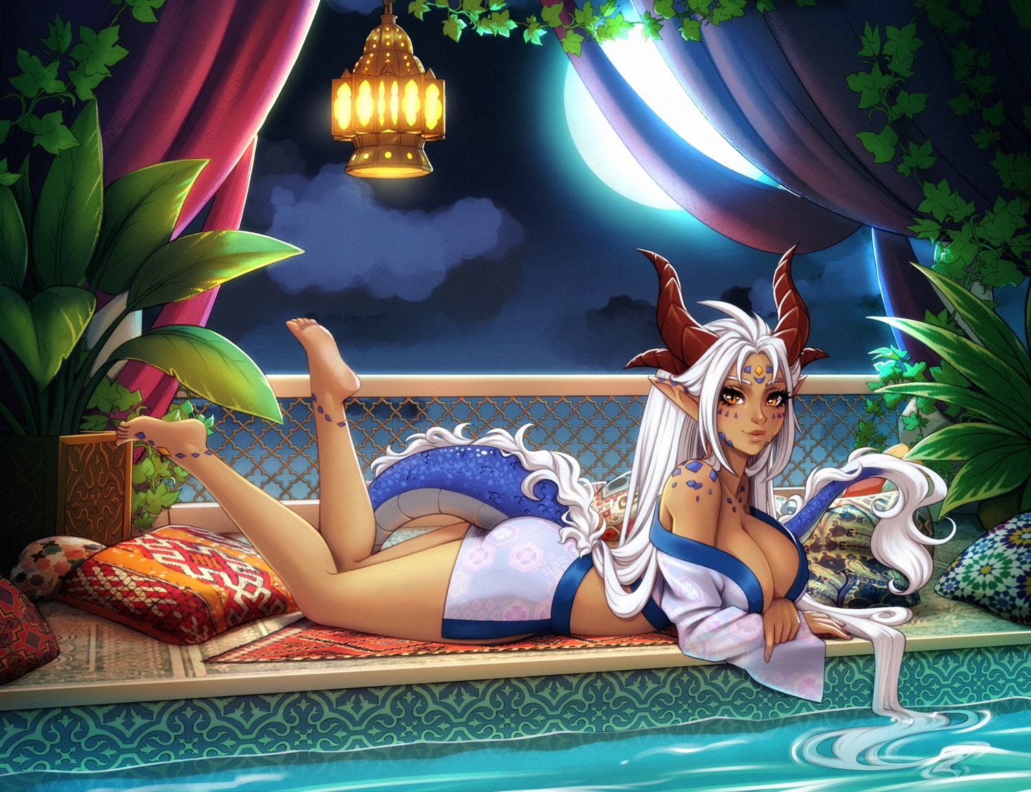 horns japanese_clothes monster_girl no_bra open_shirt pointy_ears tail zliva