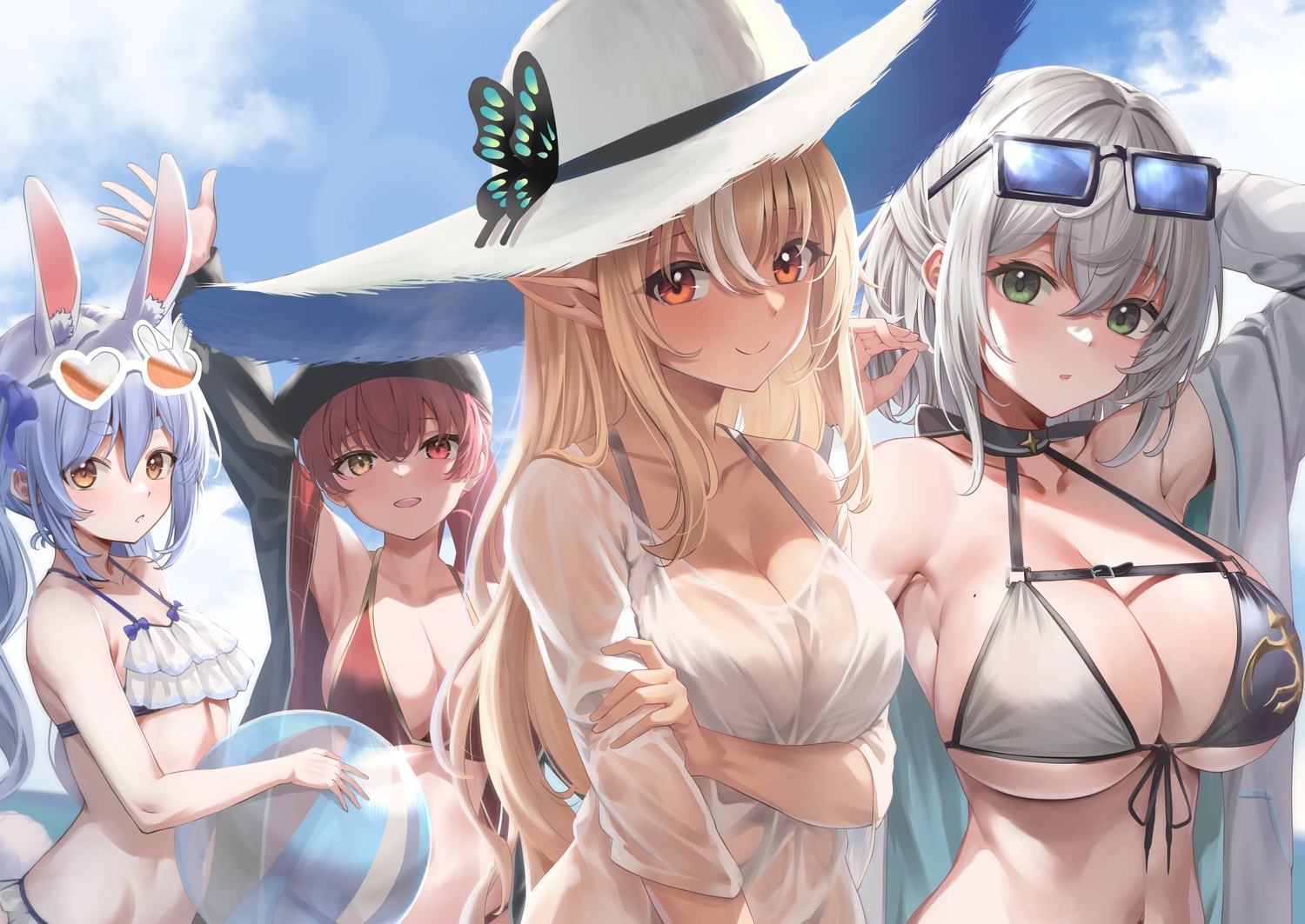 bikini elf heterochromia hololive houshou_marine koisuke megane pointy_ears see_through shiranui_flare shirogane_noel swimsuits usada_pekora