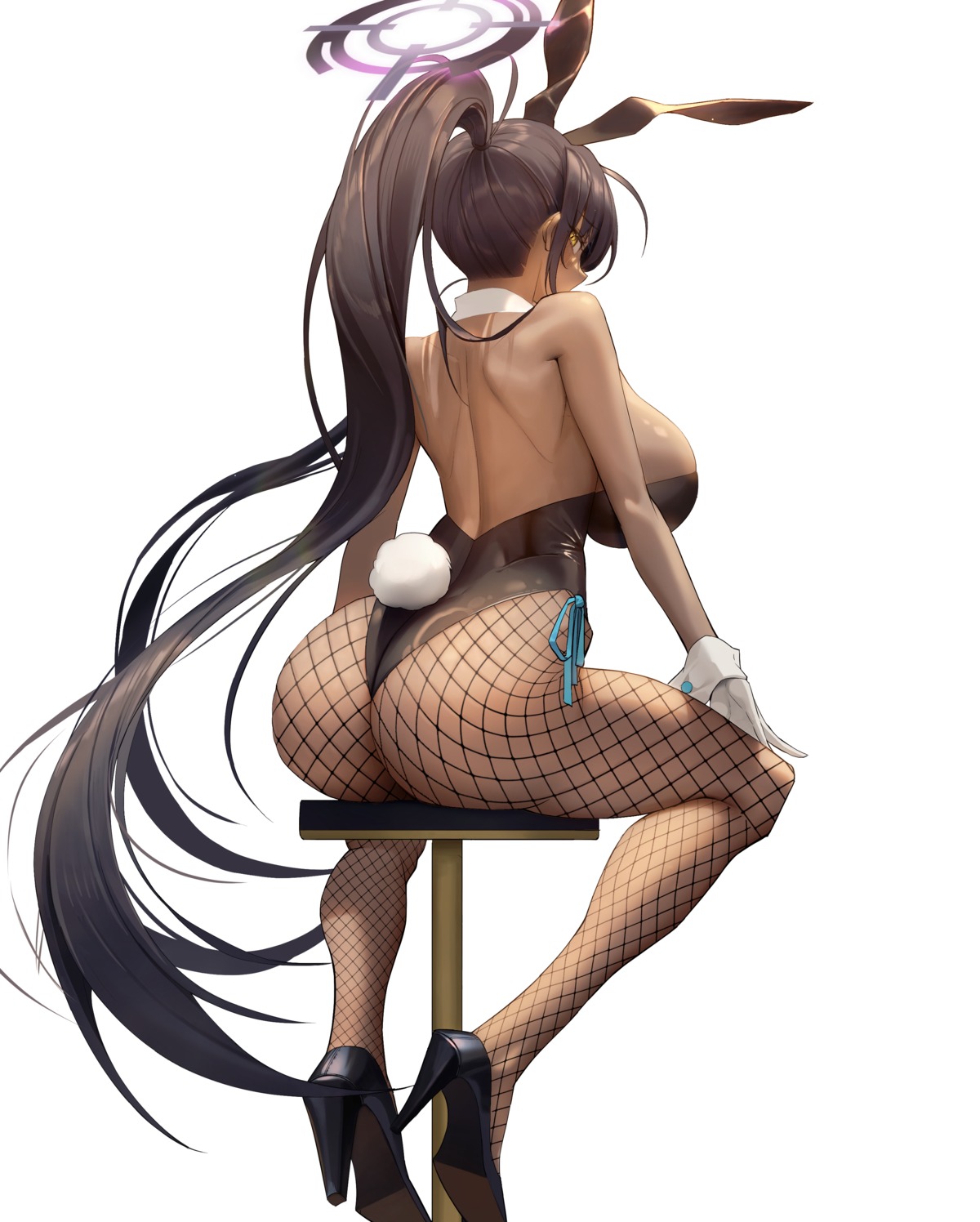 animal_ears ass blue_archive bunny_ears bunny_girl fishnets halo heels kakudate_karin kkuni no_bra pantyhose tail