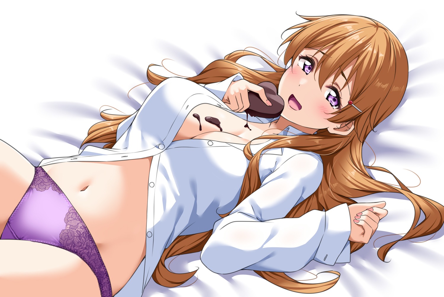 cream dress_shirt konoe_kanata love_live!_(series) love_live!_nijigasaki_gakuen_school_idol_doukoukai no_bra open_shirt pantsu valentine yopparai_oni