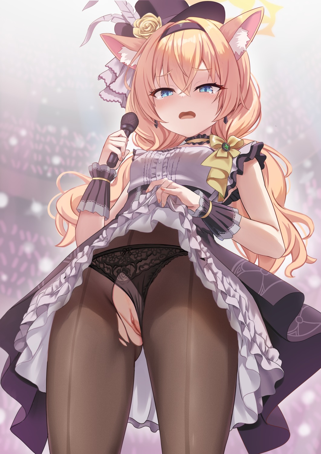 animal_ears blue_archive halo iochi_mari loli milkshake_(artist) nekomimi pantsu panty_pull pantyhose pubic_hair pussy skirt_lift thong torn_clothes uncensored uniform