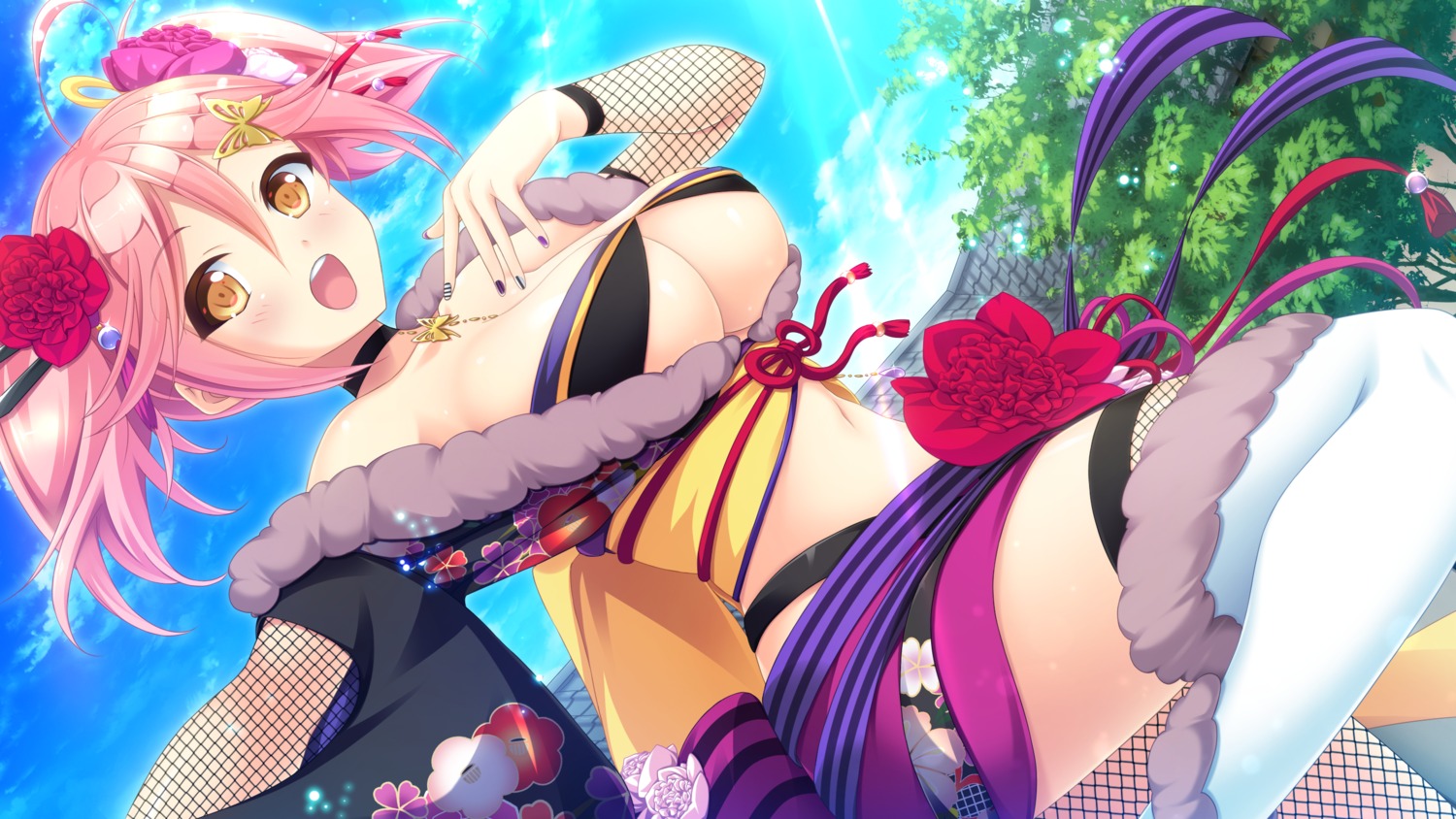 fishnets game_cg japanese_clothes lovekami_-trouble_goddess- mizuno_sao thighhighs tsubaki_akane underboob