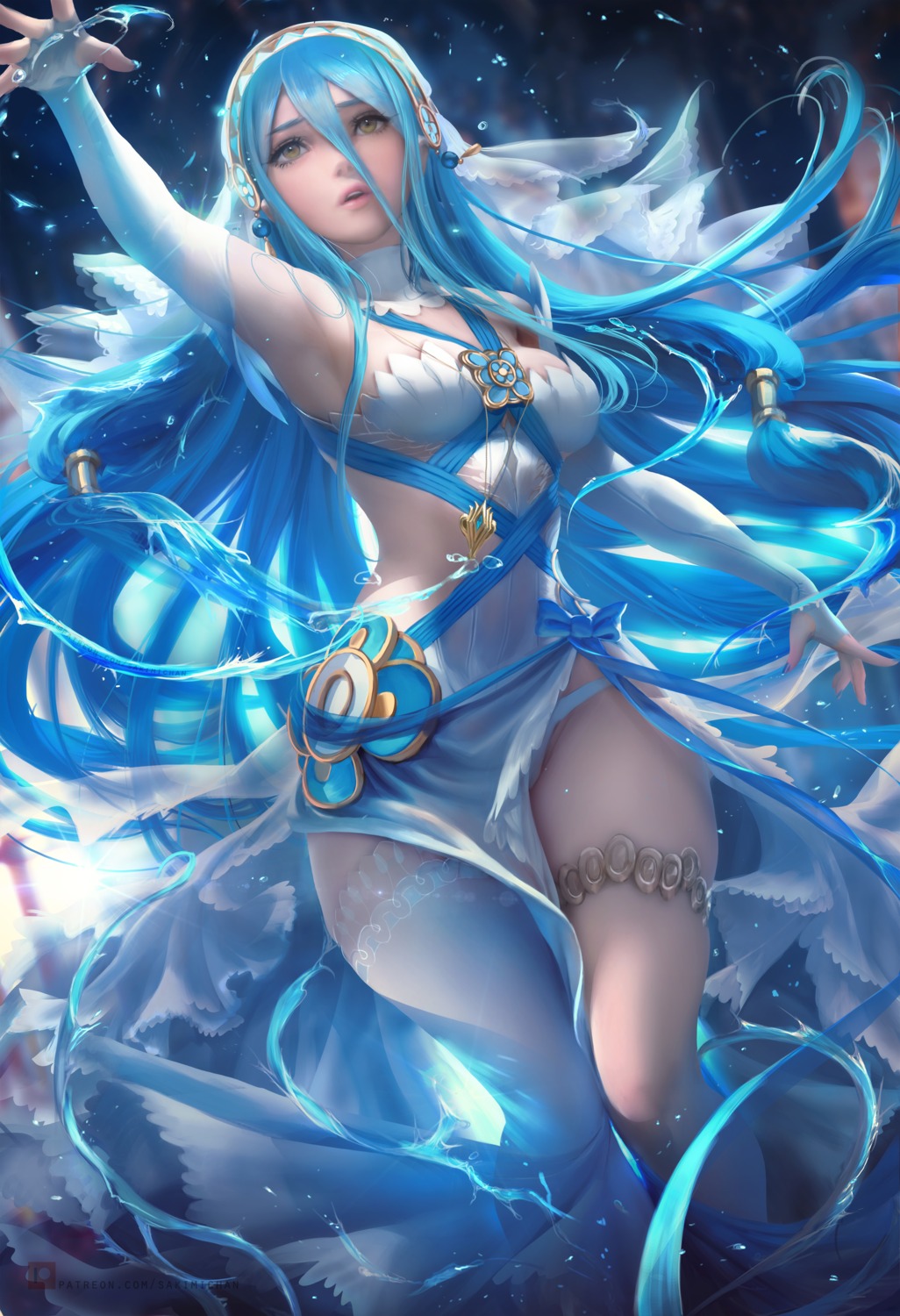 aqua_(fire_emblem) cleavage dress fire_emblem fire_emblem_if garter pantsu sakimichan see_through thighhighs