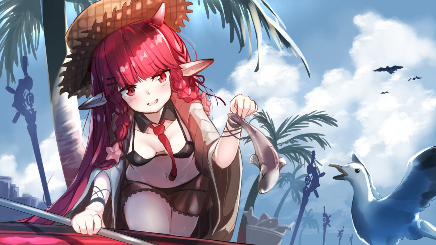 arknights bikini hellnyaa horns open_shirt pointy_ears see_through skirt_lift swimsuits vigna_(arknights)