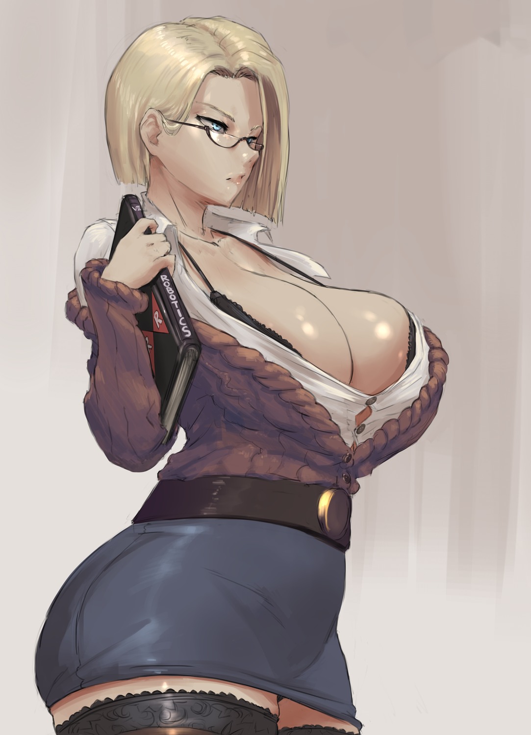 android_18 bra cutesexyrobutts dragon_ball dragon_ball_z dress_shirt megane open_shirt sweater thighhighs