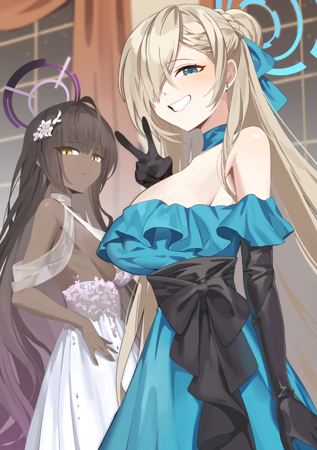 blue_archive dress halo hana3901 ichinose_asuna kakudate_karin no_bra