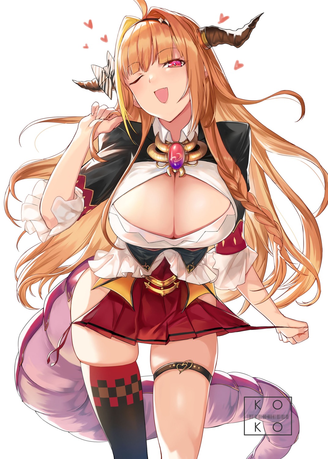 cleavage erect_nipples garter hololive horns kiryuu_coco no_bra ohland skirt_lift tail thighhighs