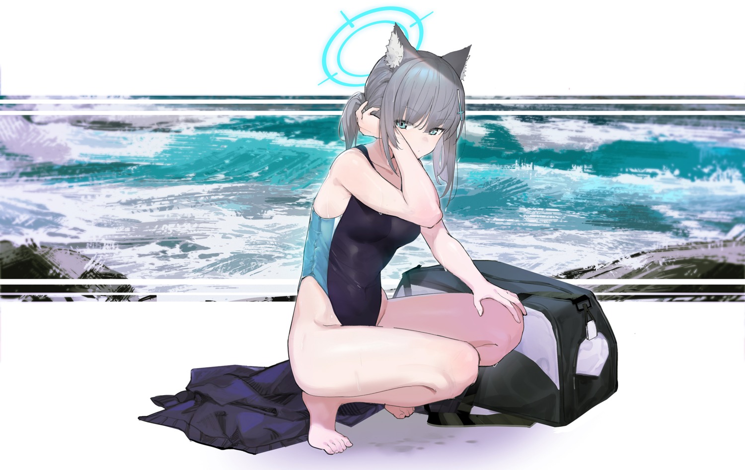 animal_ears blue_archive halo nekomimi shiyashiki sunaookami_shiroko swimsuits