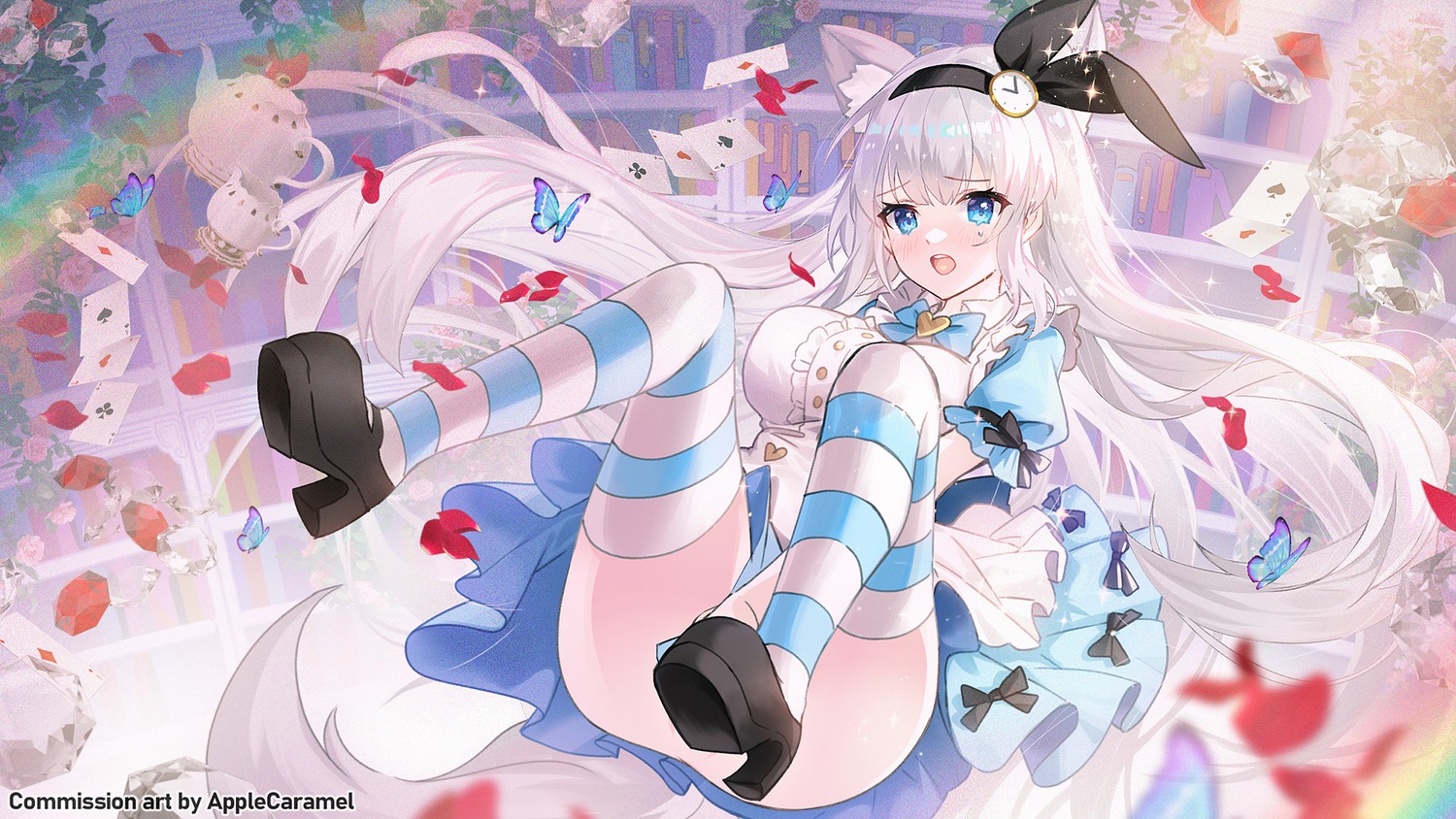 alice alice_in_wonderland animal_ears apple_caramel dress heels nopan skirt_lift tail thighhighs