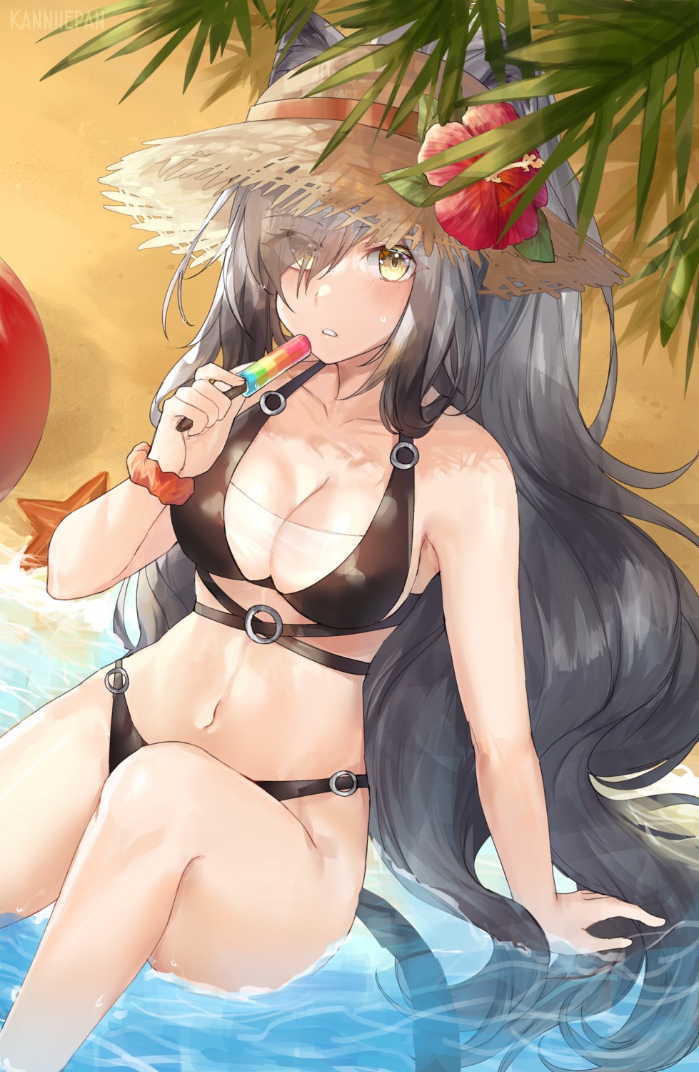 animal_ears arknights bikini cleavage kanniiepan schwarz_(arknights) see_through swimsuits tail wet