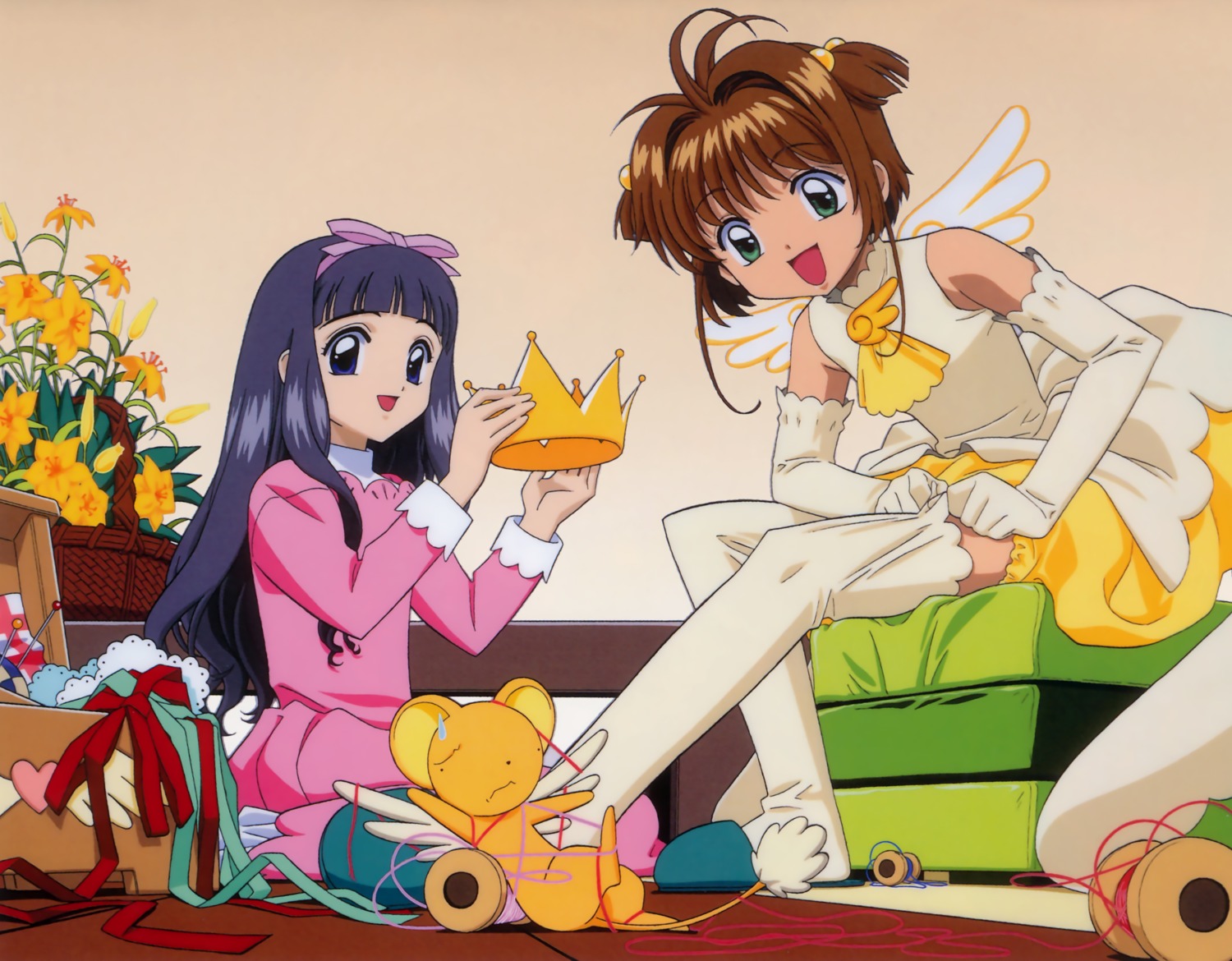 card_captor_sakura daidouji_tomoyo dress kerberos kinomoto_sakura thighhighs undressing wings