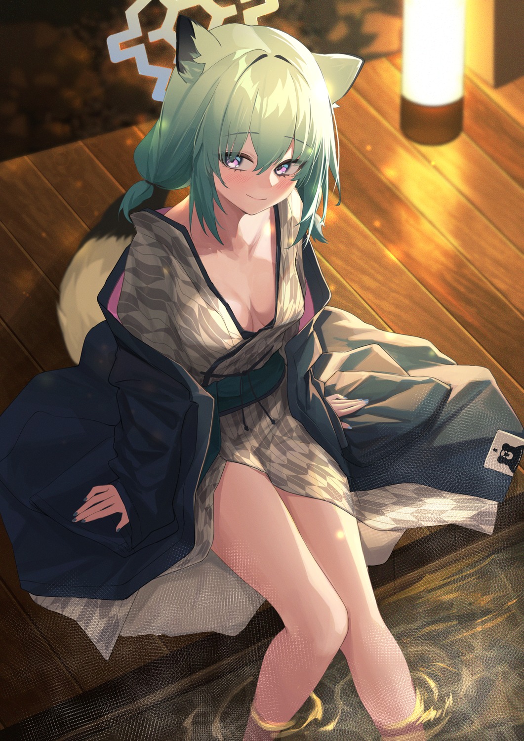 animal_ears blue_archive halo kuroja mayoi_shigure no_bra onsen open_shirt tail wet yukata