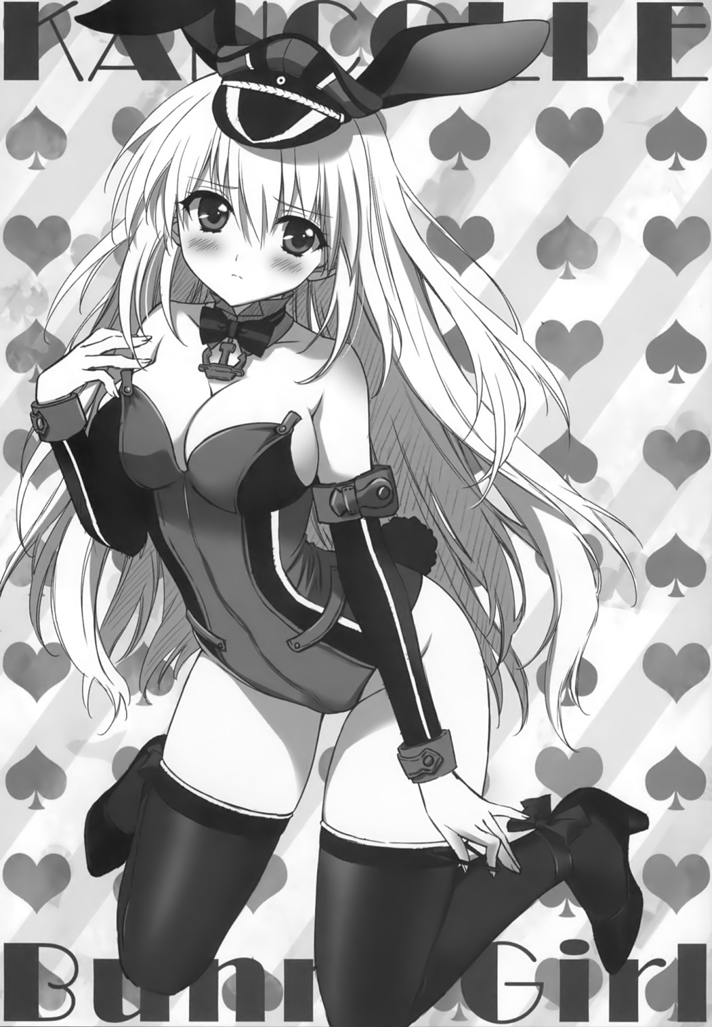 animal_ears bismarck_(kancolle) bunny_ears bunny_girl carnelian cleavage heels kantai_collection monochrome tail thighhighs