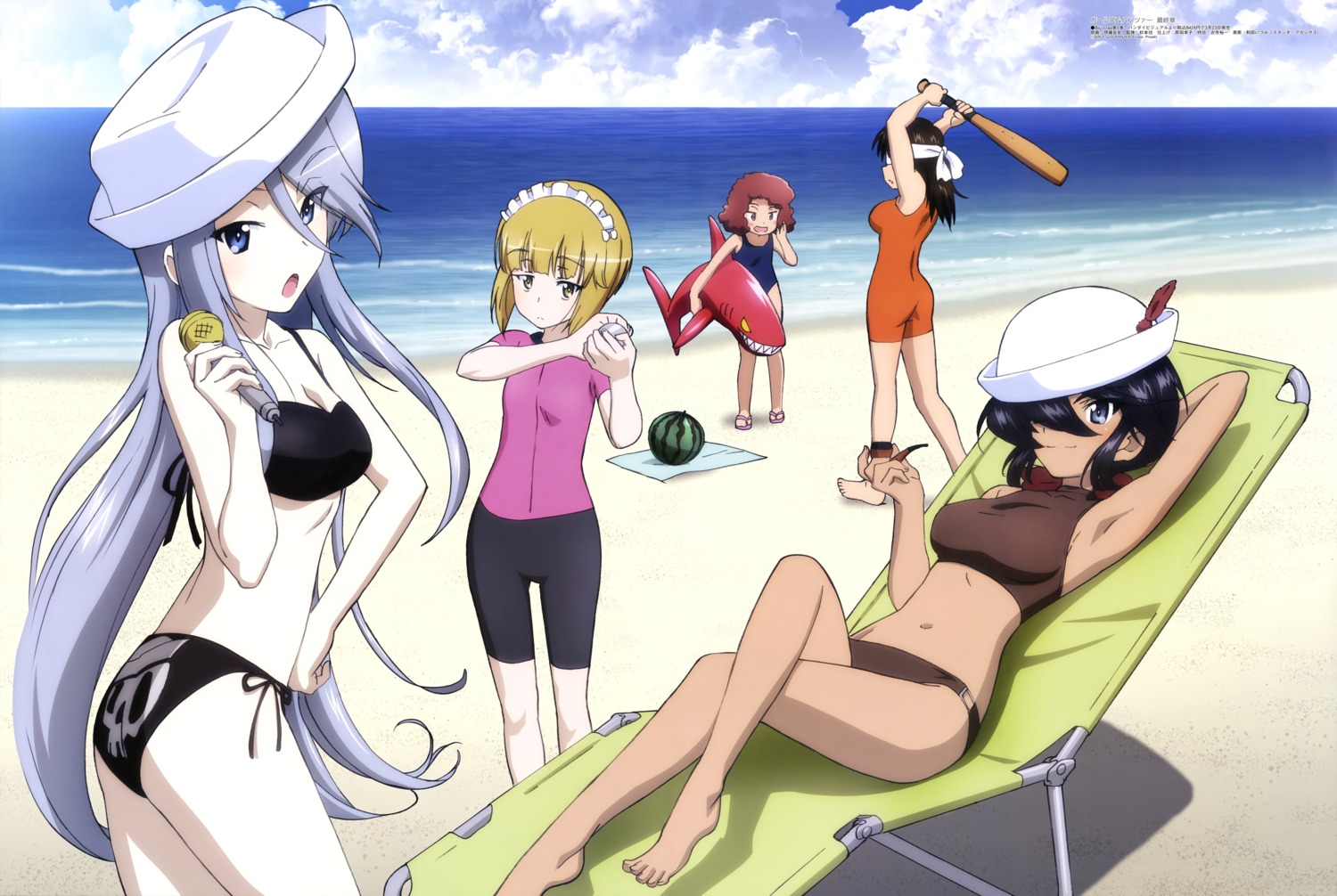 ass bike_shorts bikini cleavage cutlass_(girls_und_panzer) feet flint_(girls_und_panzer) girls_und_panzer itou_takeshi murakami_(girls_und_panzer) ogin_(girls_und_panzer) rum_(girls_und_panzer) school_swimsuit smoking swimsuits weapon