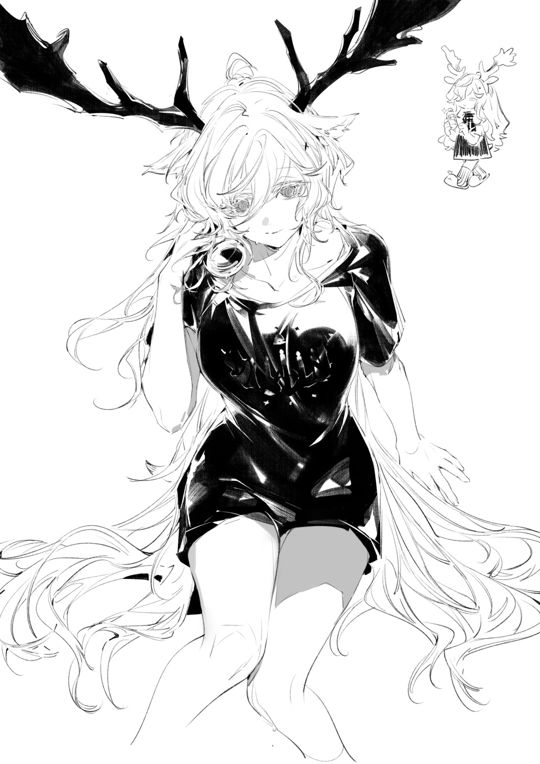 animal_ears arknights chibi chuzenji dress horns monochrome sketch viviana_droste