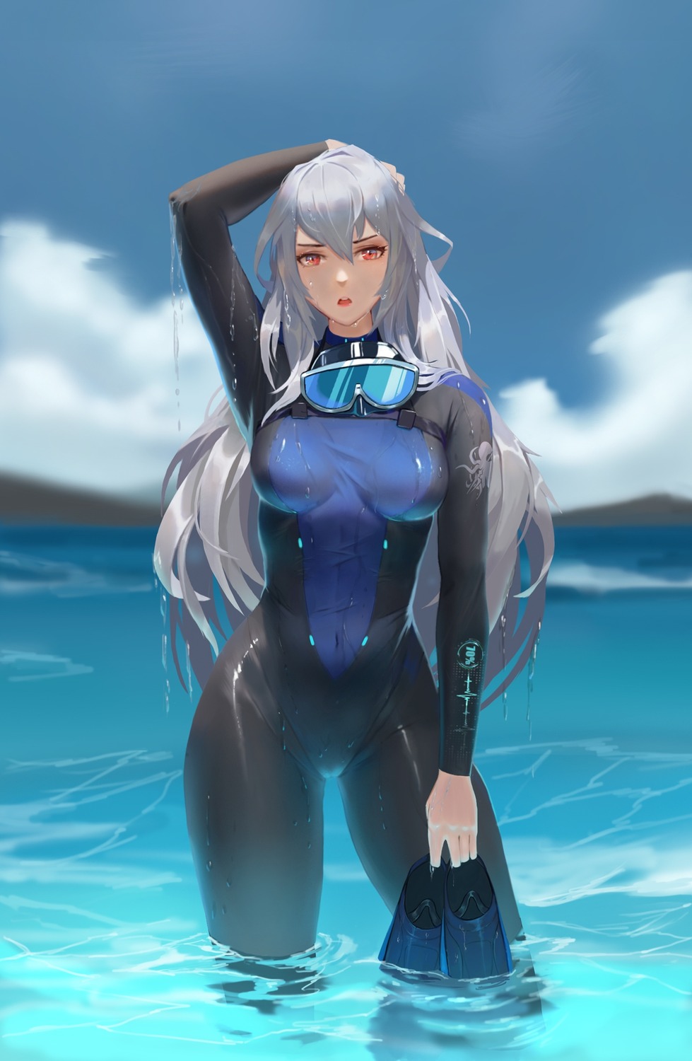 arknights bodysuit jangsunyo skadi_(arknights) swimsuits wet wet_clothes