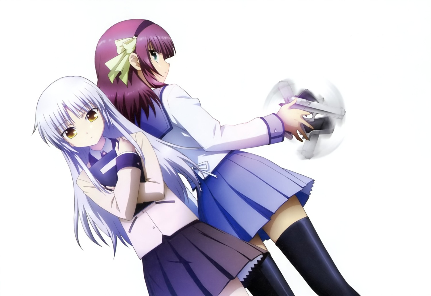 angel_beats! gun nakamura_yuri seifuku suzuki_misaki tachibana_kanade thighhighs