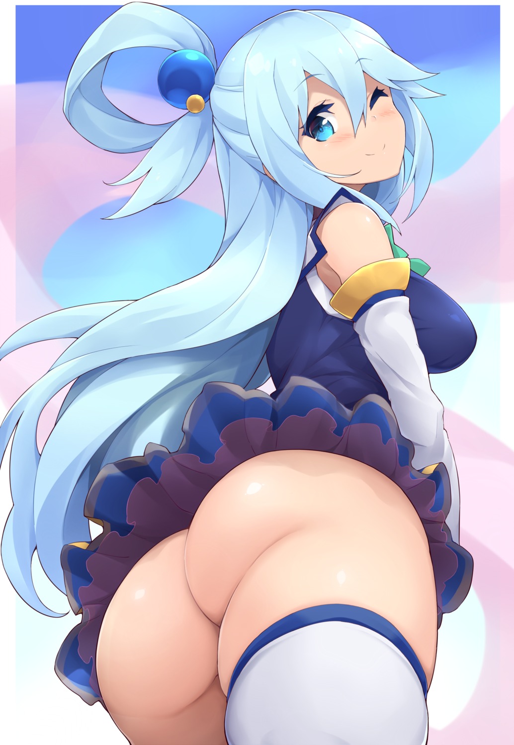 aqua_(konosuba) ass jampen kono_subarashii_sekai_ni_shukufuku_wo! nopan skirt_lift thighhighs