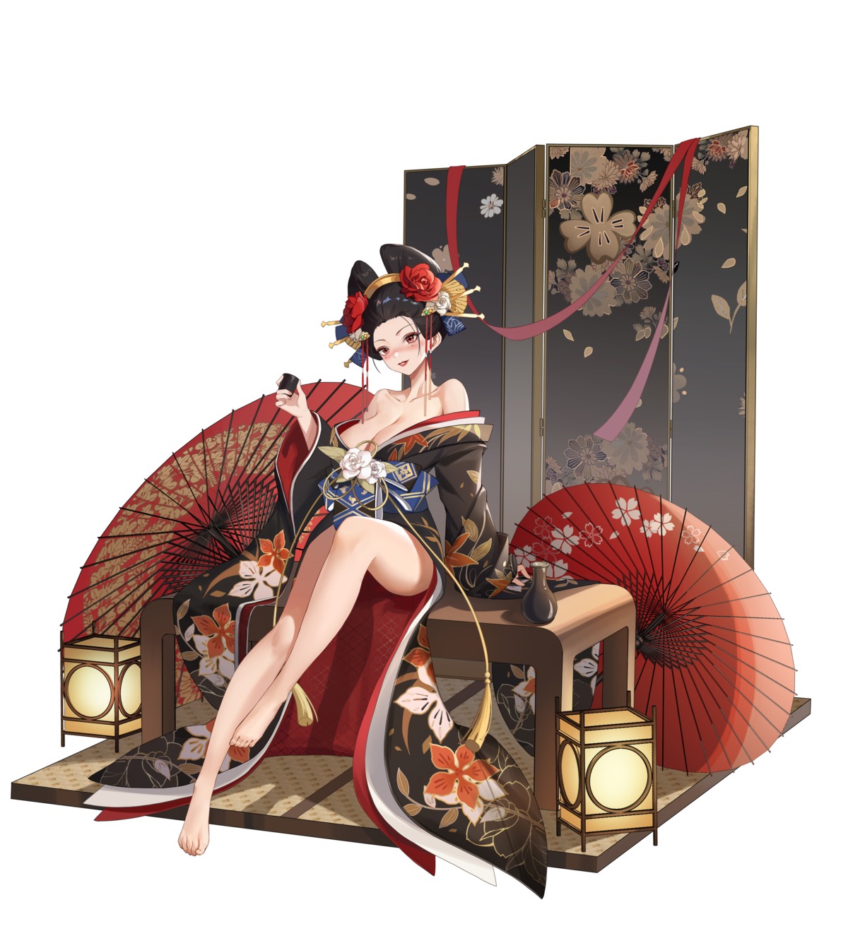 eir kimono no_bra open_shirt skirt_lift umbrella