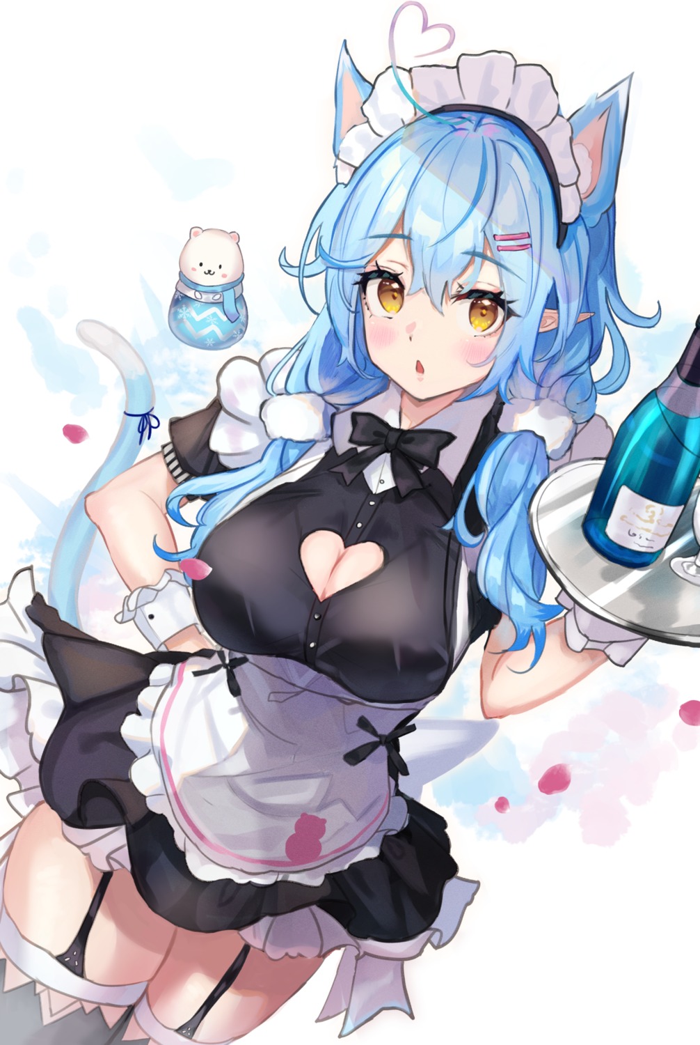 animal_ears cleavage elf hololive maid nekomimi panipo pointy_ears skirt_lift stockings tail thighhighs waitress yukihana_lamy