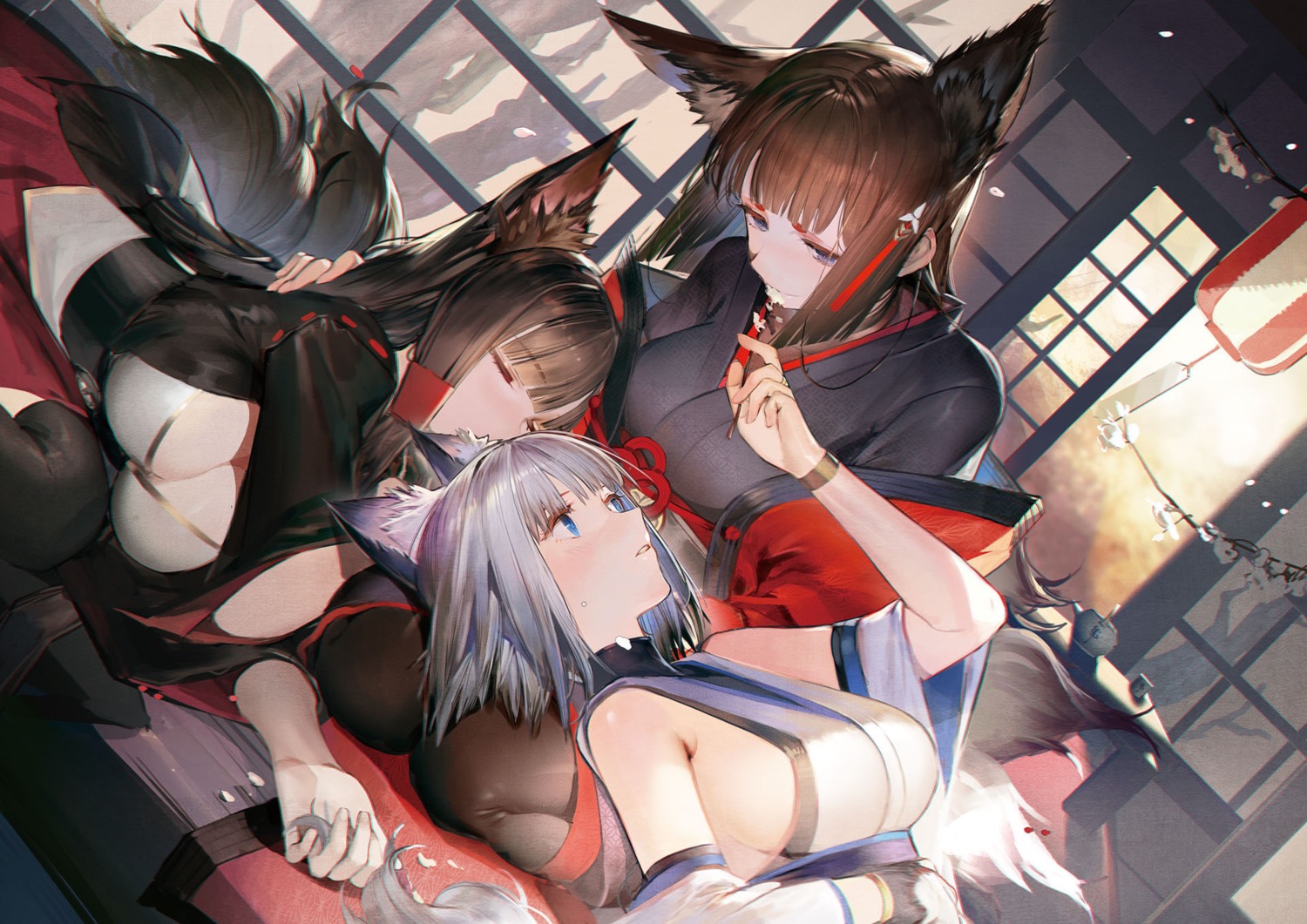 akagi_(azur_lane) amagi_(azur_lane) animal_ears azur_lane cleavage japanese_clothes kaga_(azur_lane) kitsune liduke thighhighs