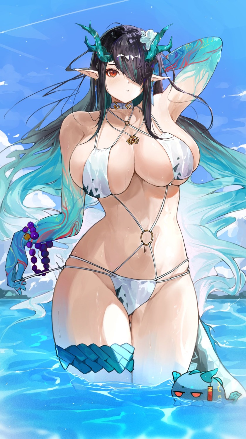 arknights bikini dusk_(arknights) garter horns pointy_ears swimsuits tail tattoo wet yuki_flourish